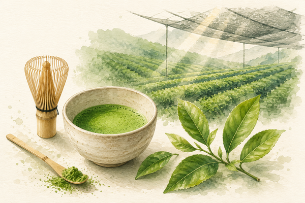 Watercolour illustration of vibrant green matcha, shade-grown tea fields, fresh tea leaves, and traditional matcha tools.