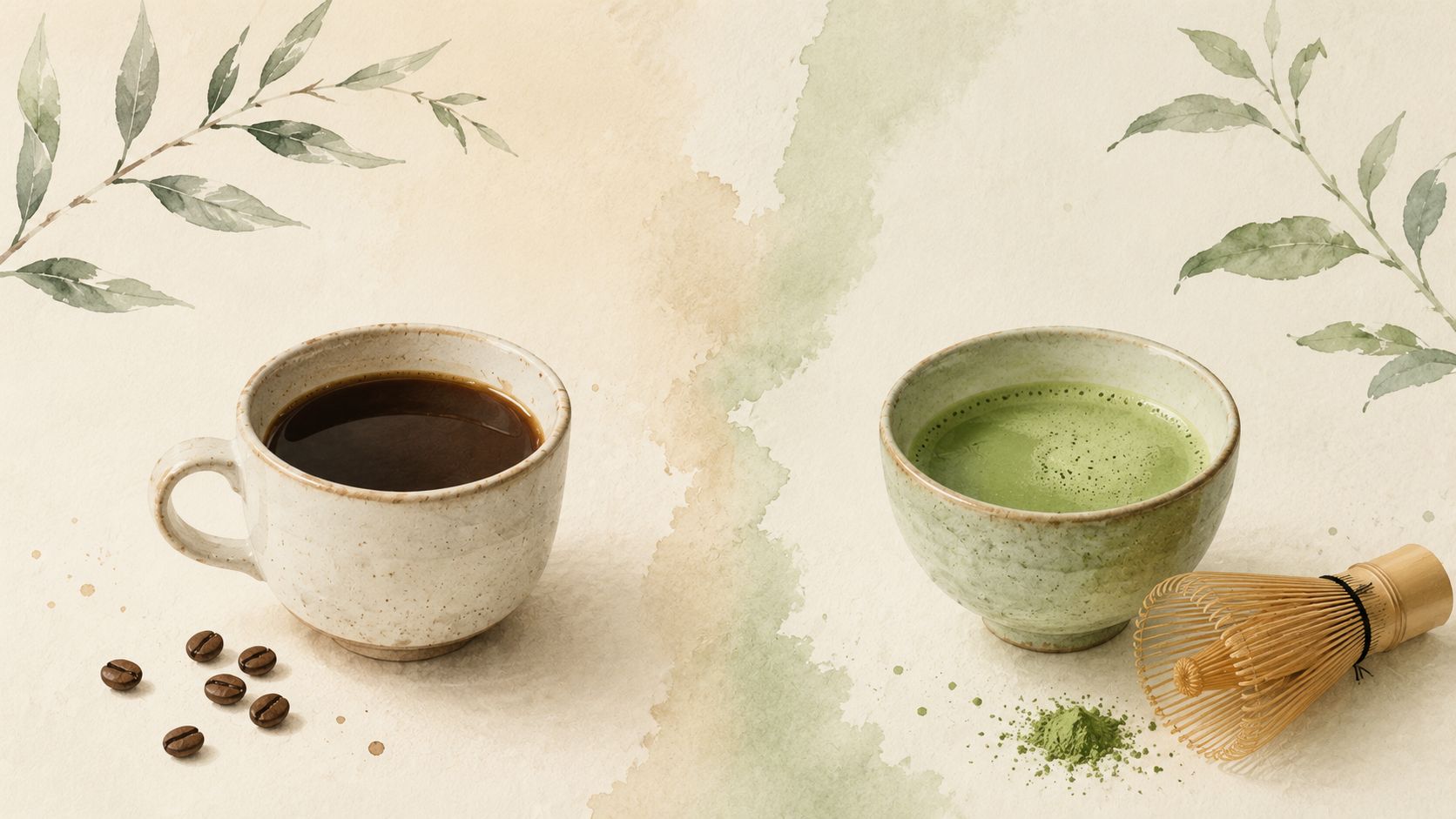 Watercolour illustration comparing matcha and coffee with a matcha bowl, bamboo whisk, coffee cup, and natural botanical elements.