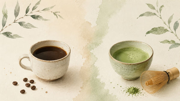 Watercolour illustration comparing matcha and coffee with a matcha bowl, bamboo whisk, coffee cup, and natural botanical elements.