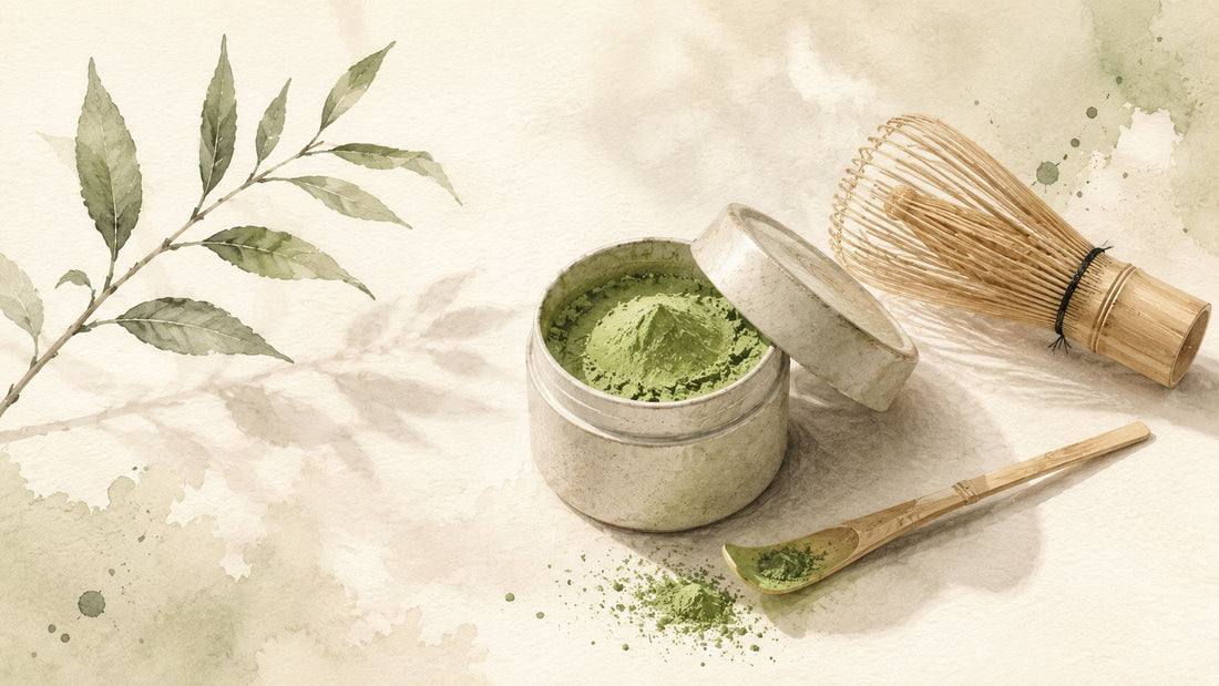 Watercolour illustration of matcha powder, a bamboo whisk, and traditional tea tools in a calm natural setting.